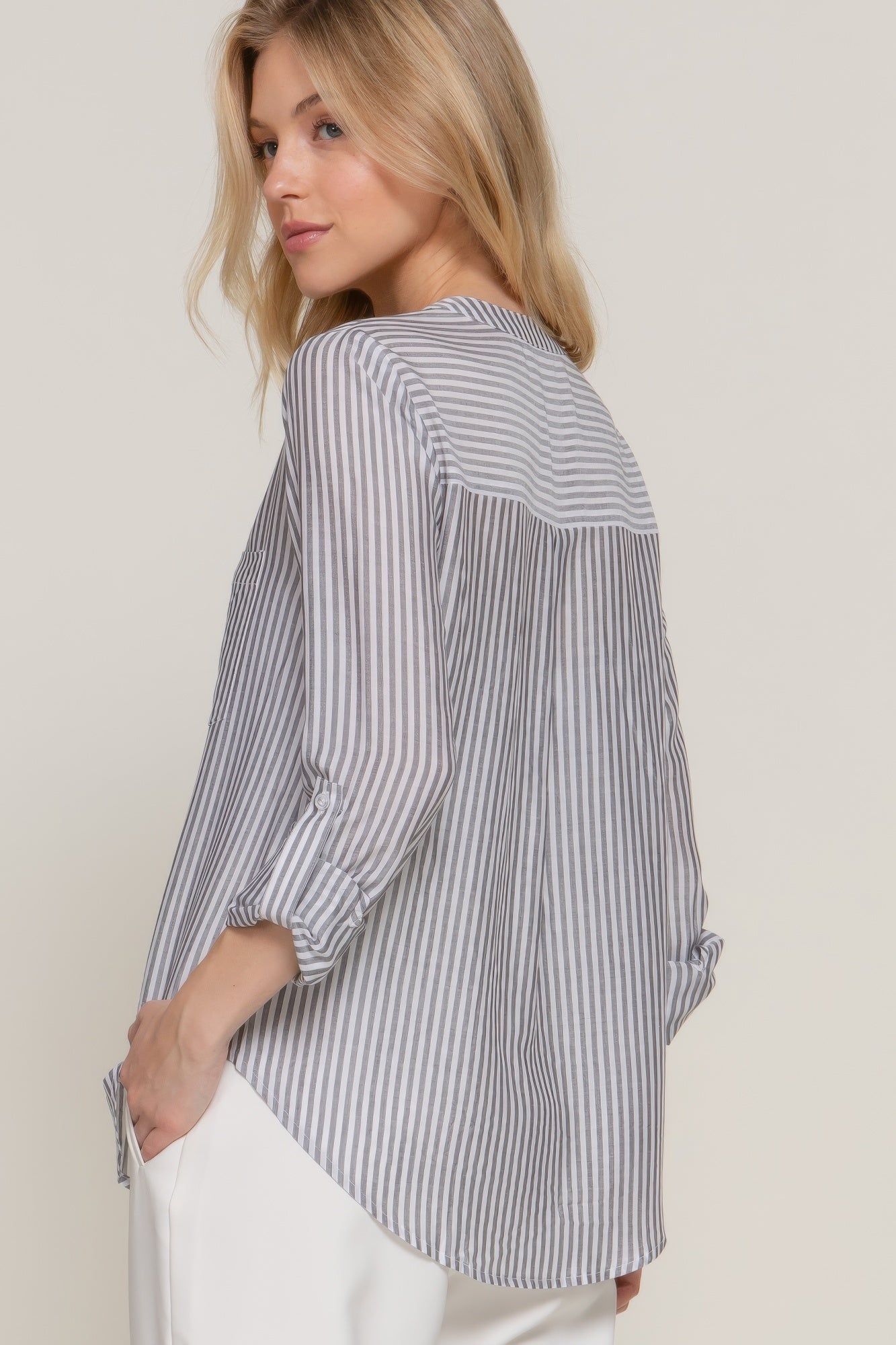 Split Neck Stripe Woven Shirt -
