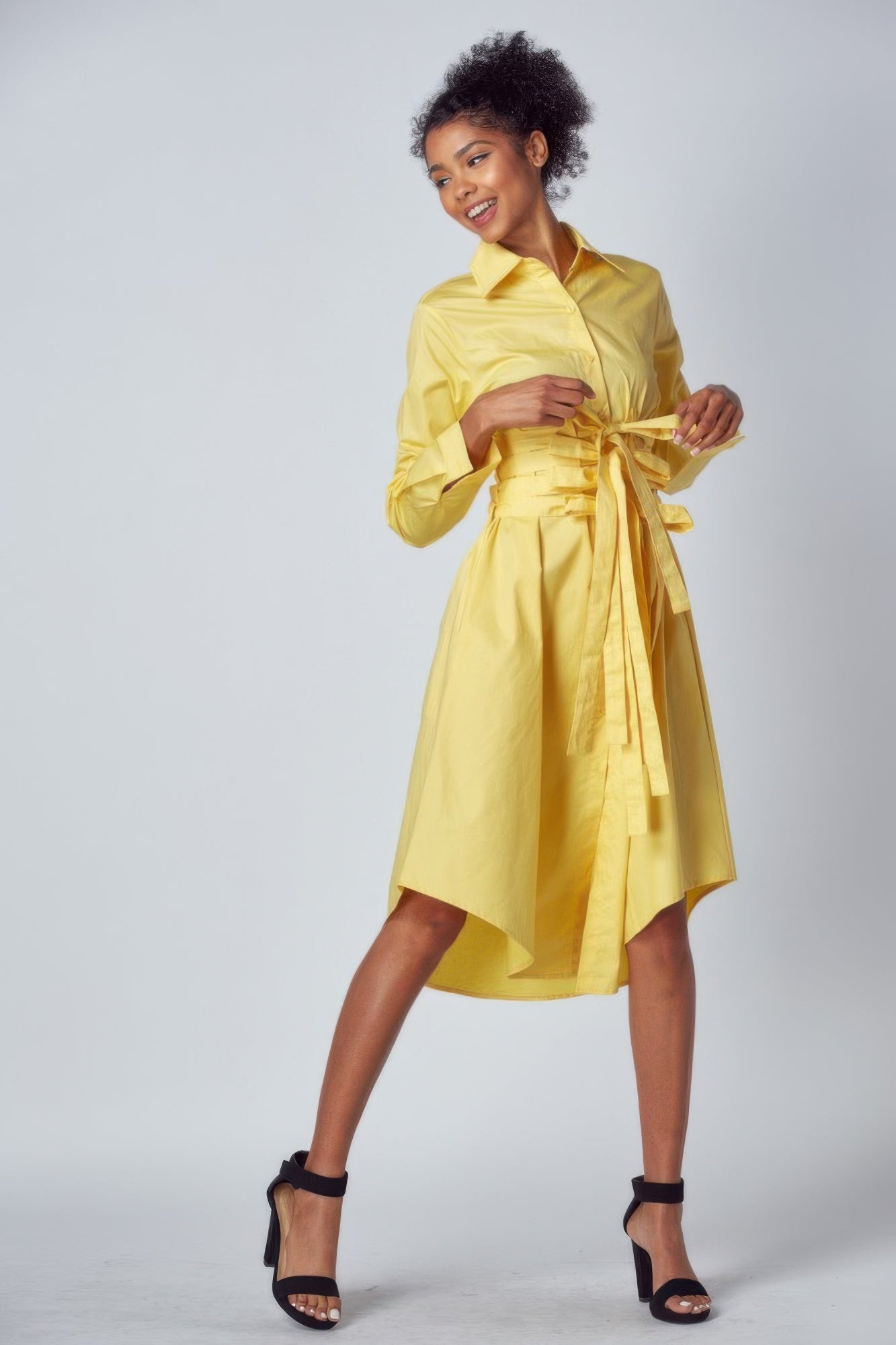 Belted Waist Button Shirt Dress -