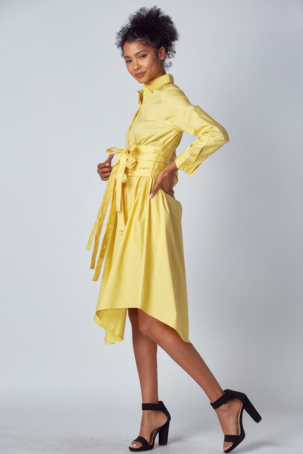 Belted Waist Button Shirt Dress -