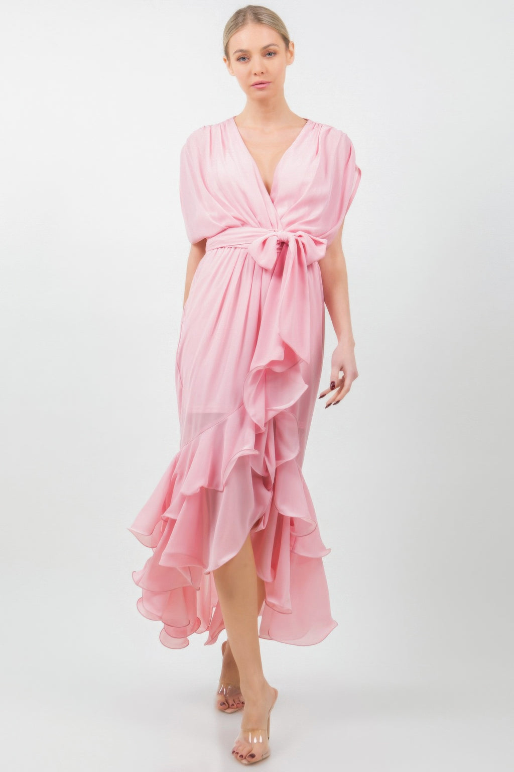 Ruffle Front Tie Midi Dress - L