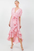 Ruffle Front Tie Midi Dress -