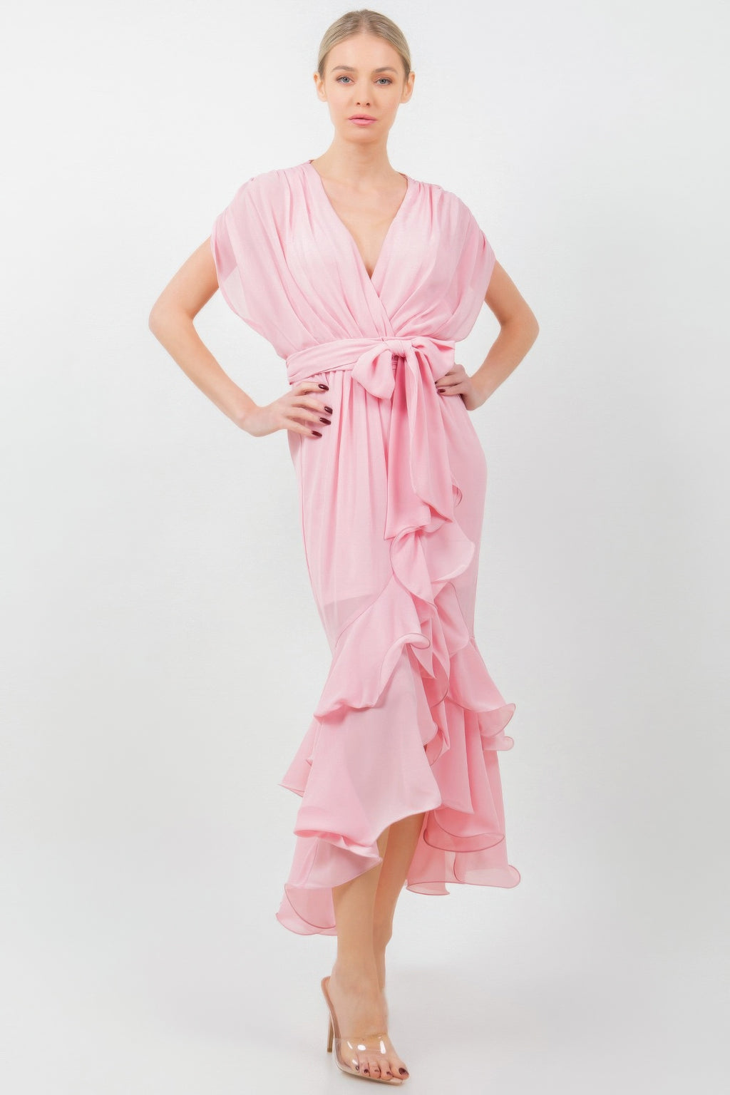 Ruffle Front Tie Midi Dress -