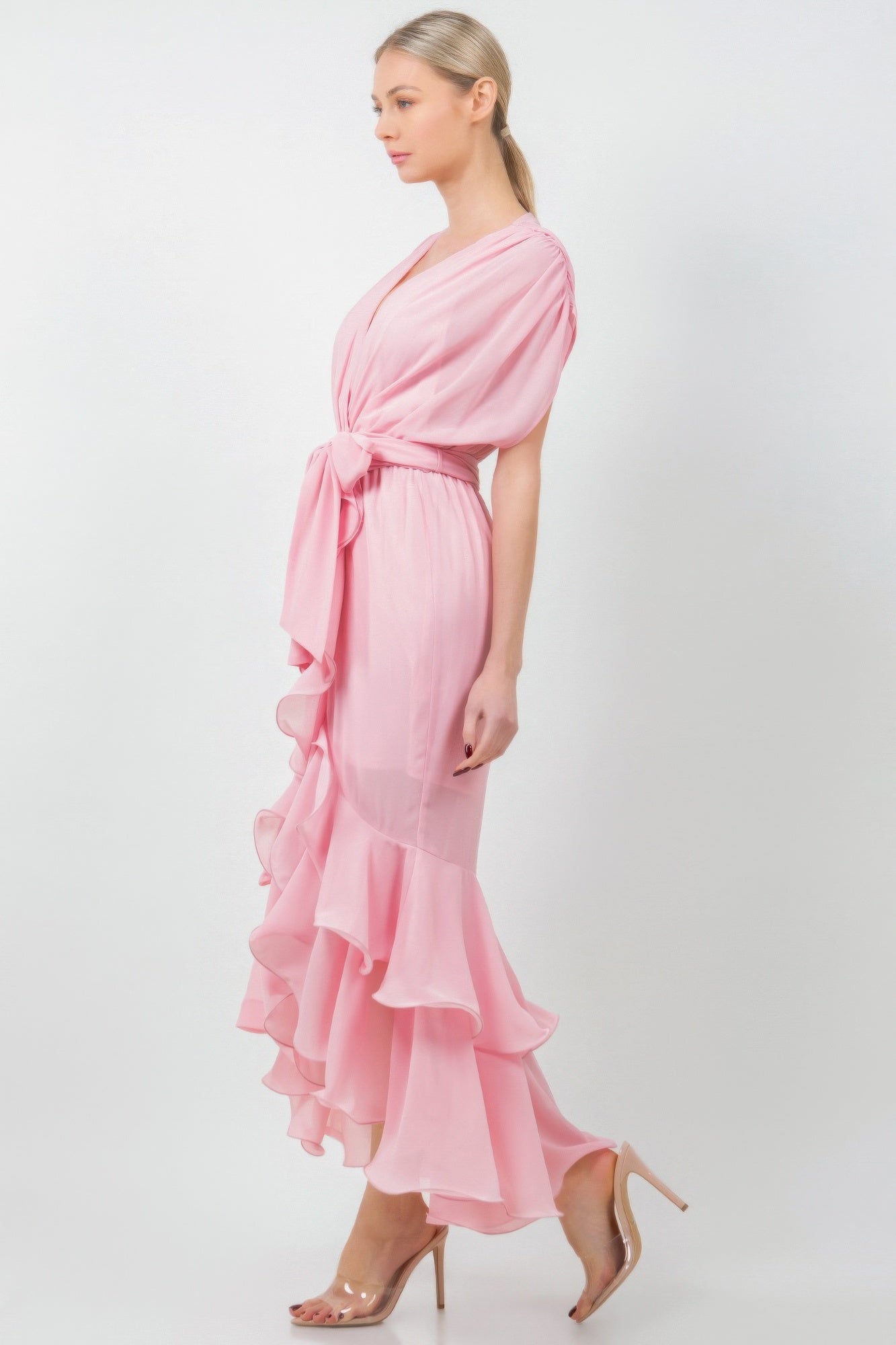 Ruffle Front Tie Midi Dress -