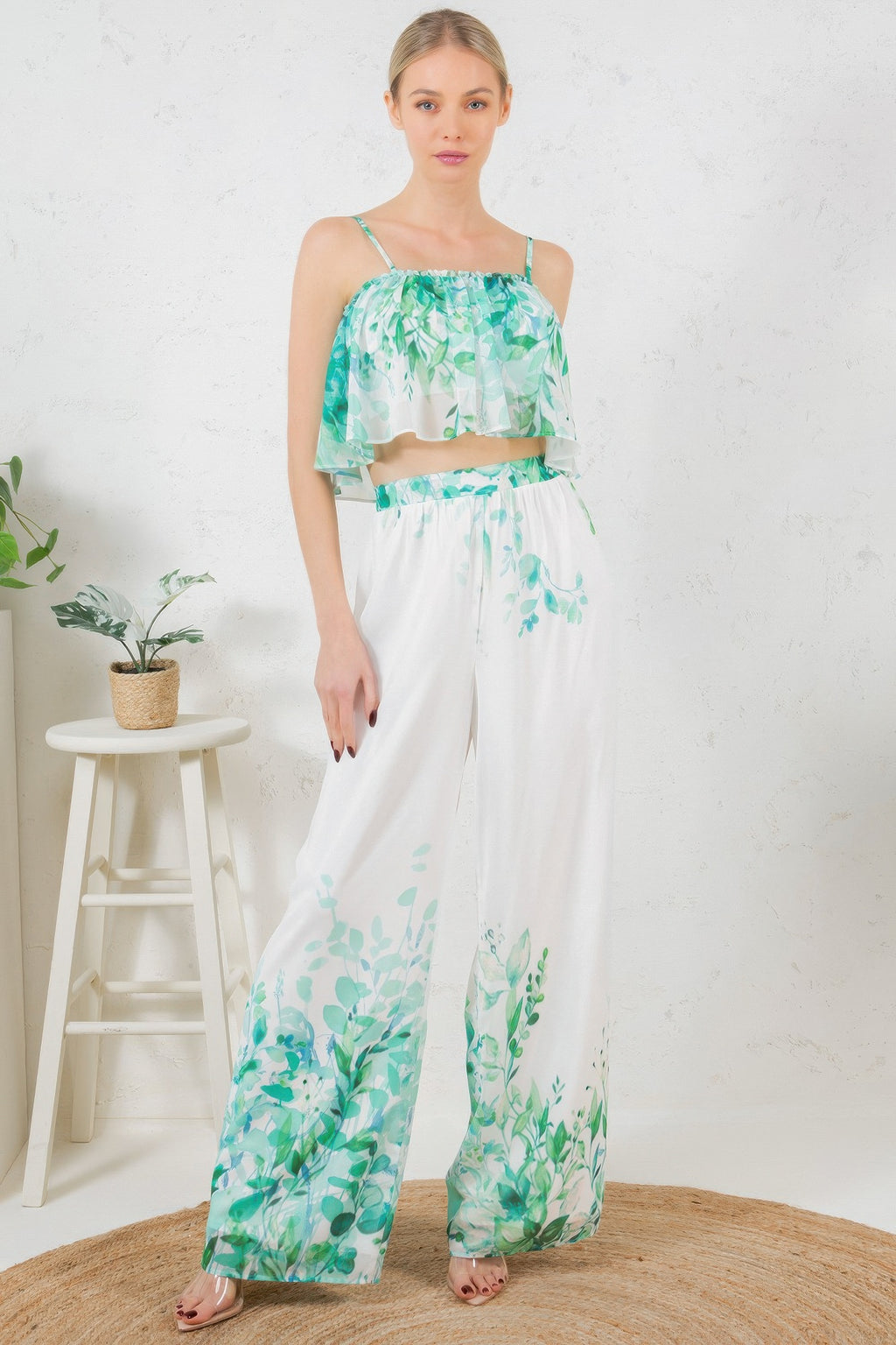 Tropical Print Crop Pants Set -