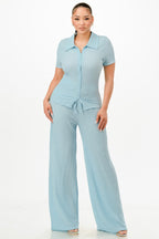 Textured Button Polo Pants Set - Blue