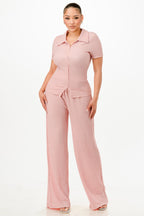 Textured Button Polo Pants Set - Pink