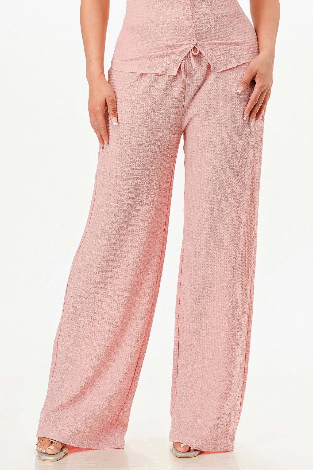 Textured Button Polo Pants Set -