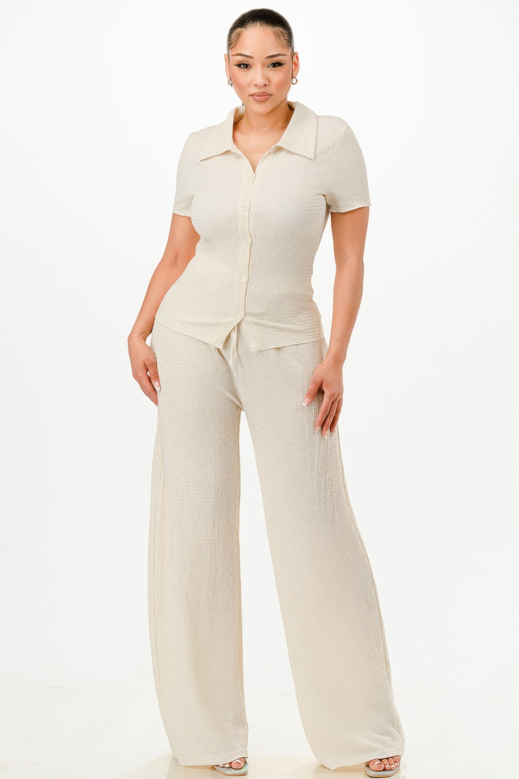 Textured Button Polo Pants Set - Cream