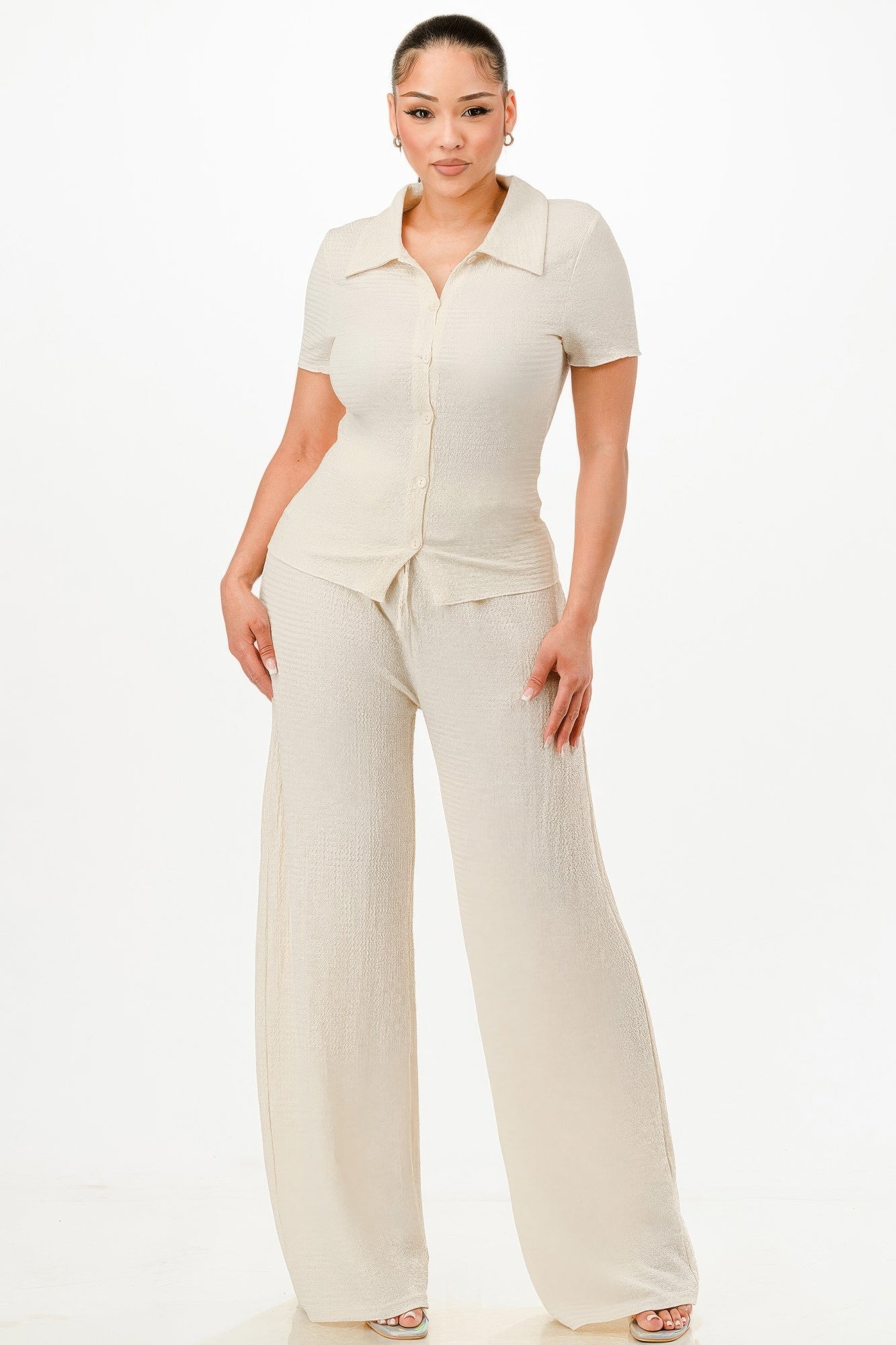 Textured Button Polo Pants Set - Cream