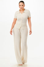 Textured Button Polo Pants Set -