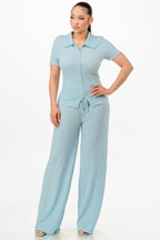 Textured Button Polo Pants Set -