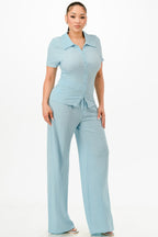 Textured Button Polo Pants Set -