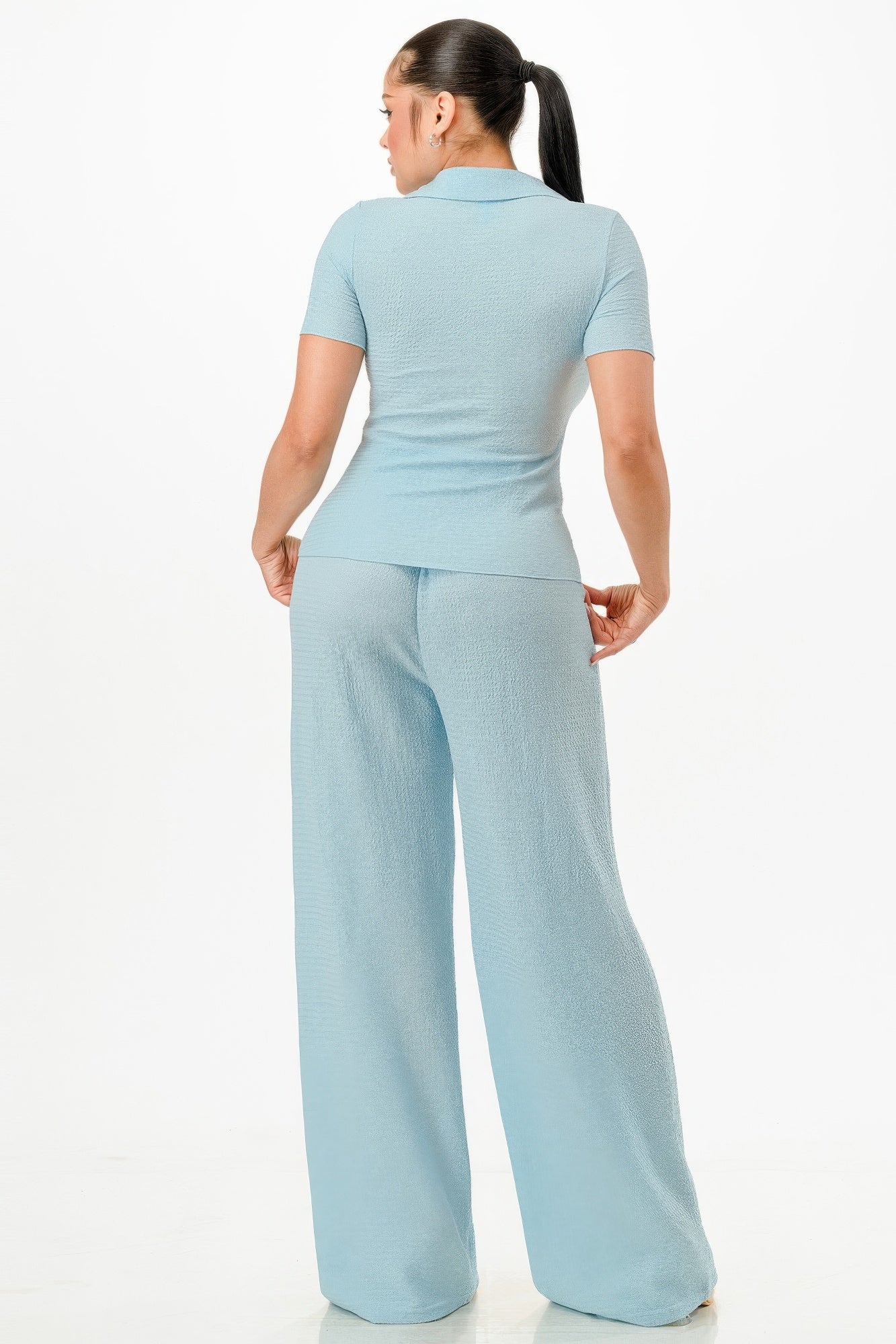 Textured Button Polo Pants Set -