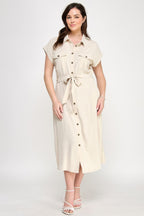 Button Front Tie Waist Midi Dress - Beige