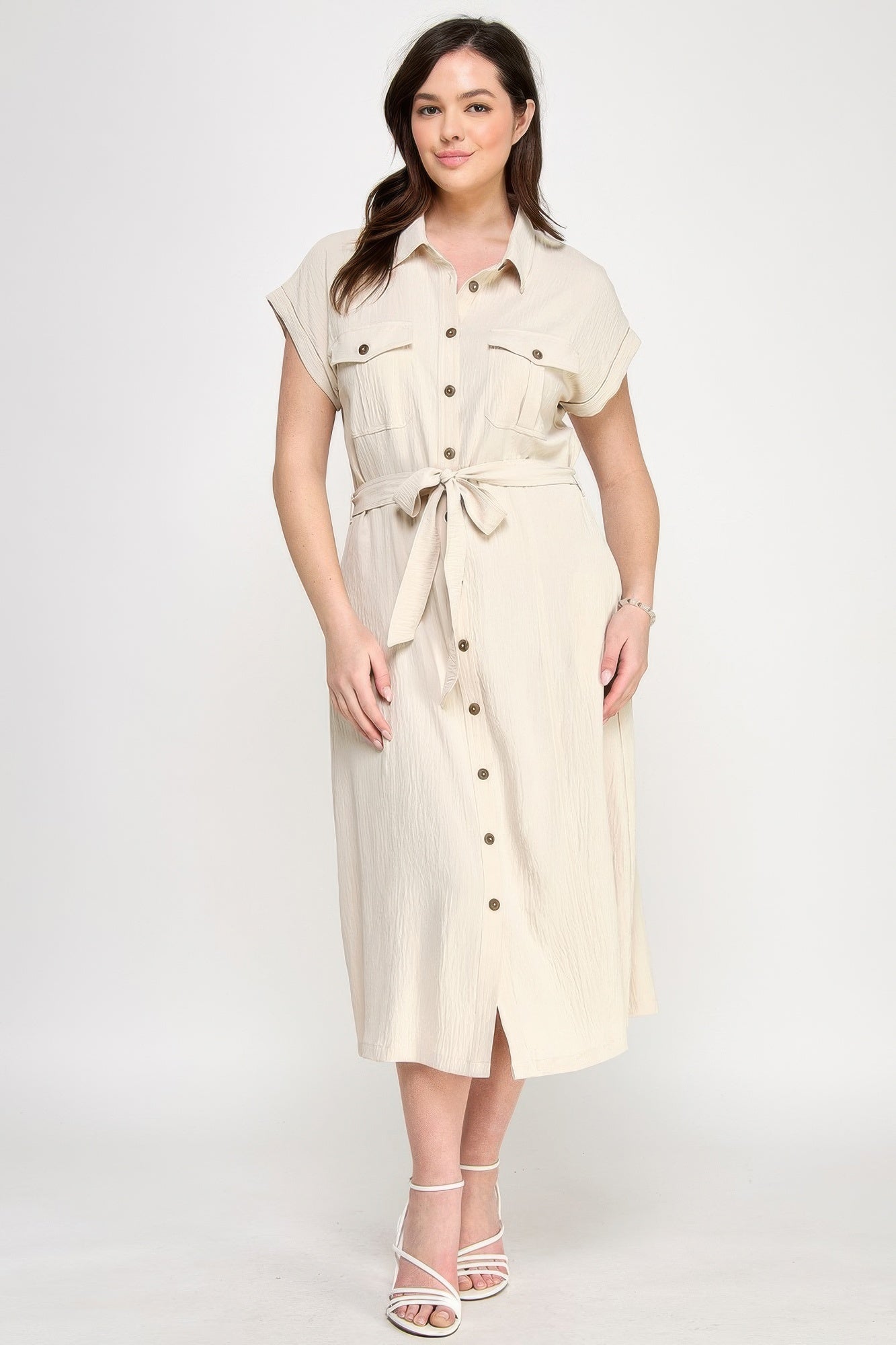 Button Front Tie Waist Midi Dress - Beige