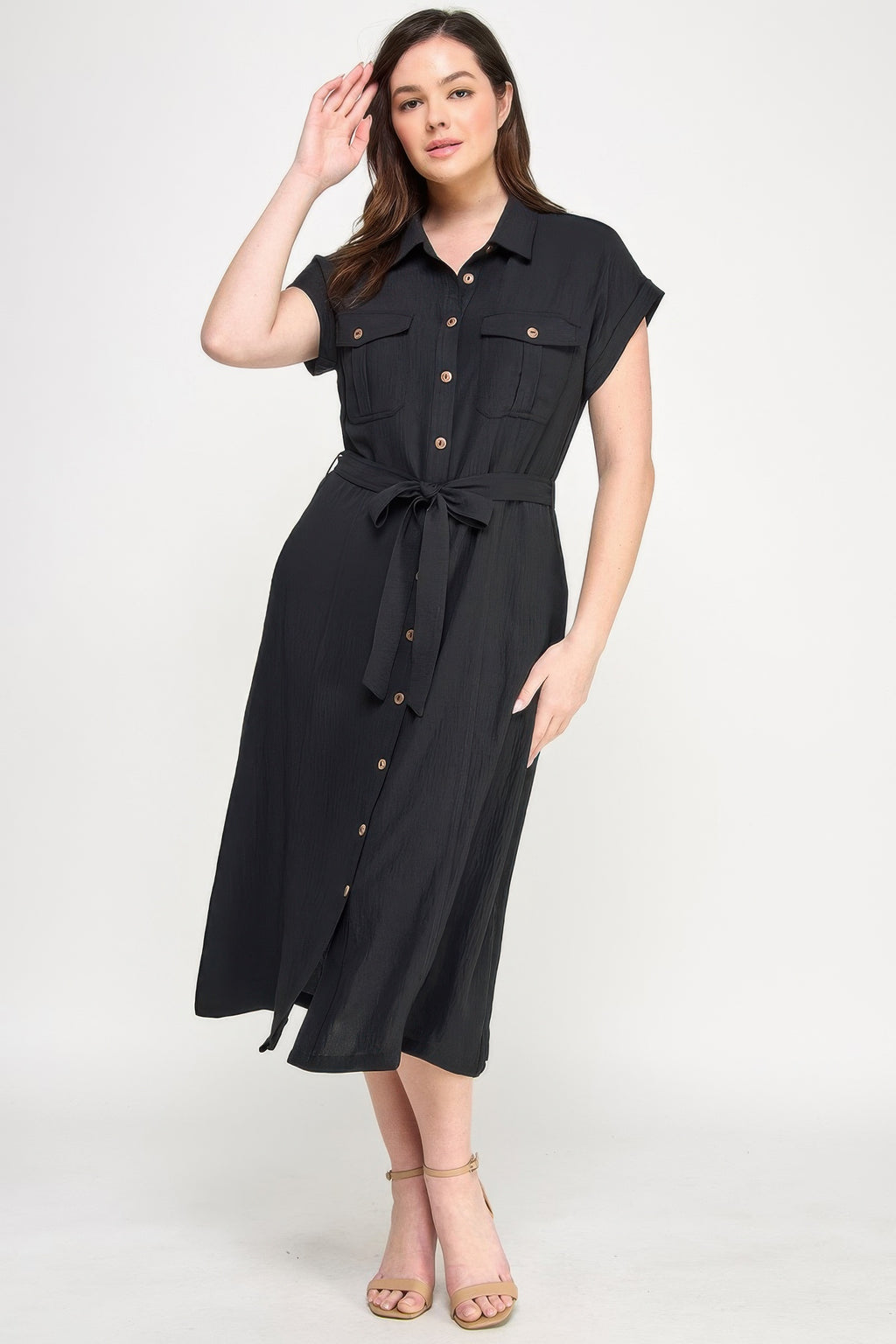 Button Front Tie Waist Midi Dress -