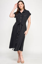 Button Front Tie Waist Midi Dress -