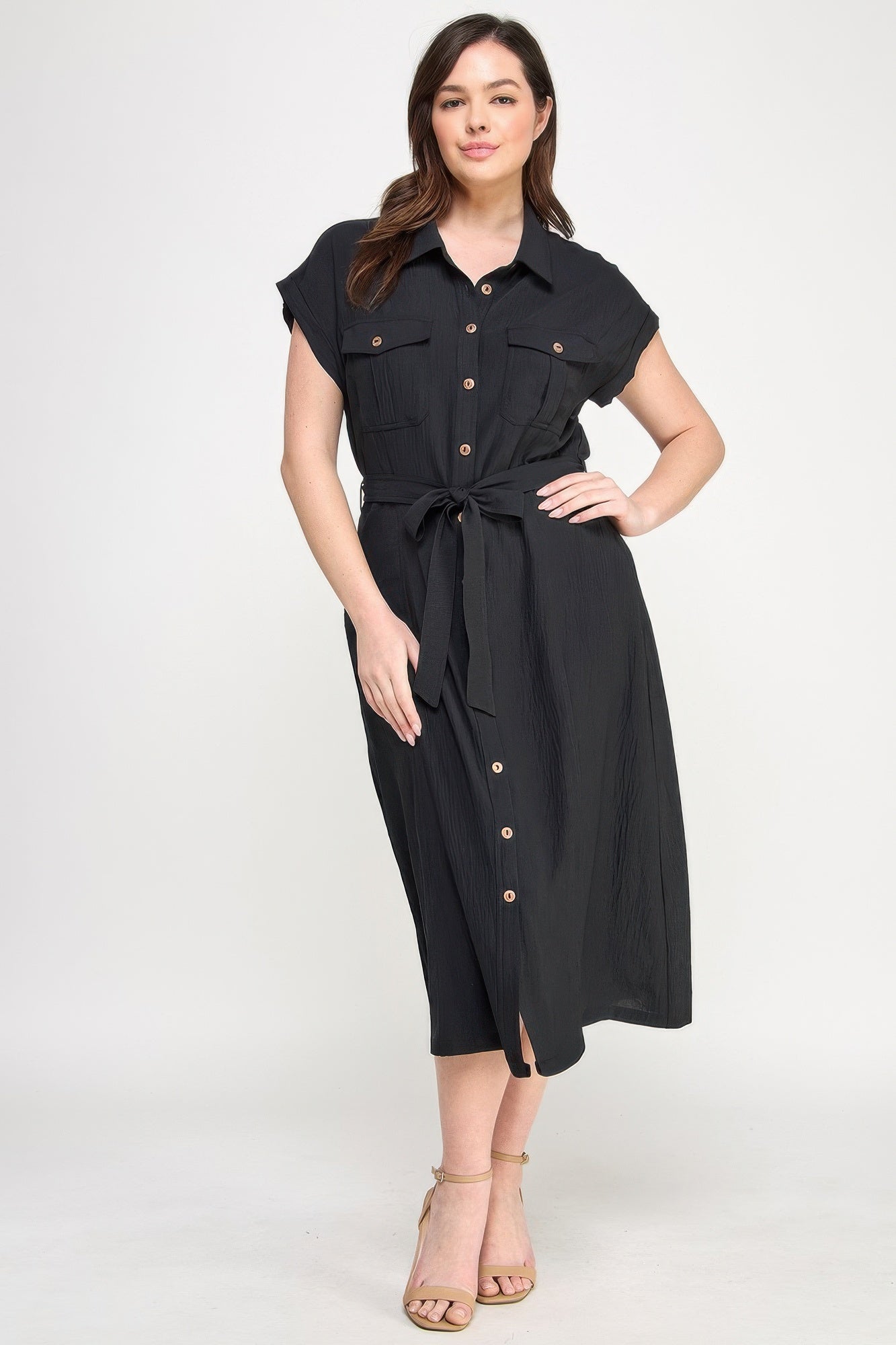 Button Front Tie Waist Midi Dress - Black