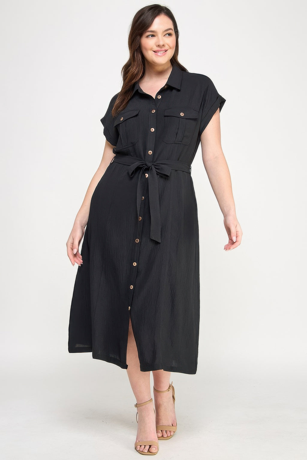 Button Front Tie Waist Midi Dress -