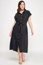 Button Front Tie Waist Midi Dress -