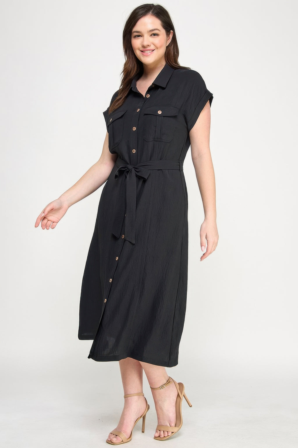 Button Front Tie Waist Midi Dress -