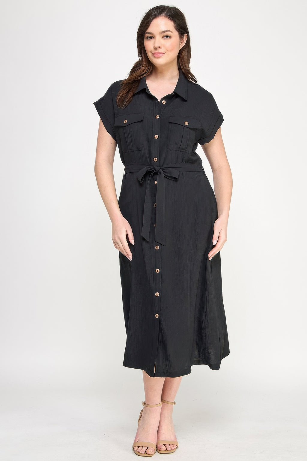 Button Front Tie Waist Midi Dress -