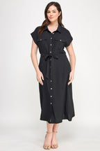 Button Front Tie Waist Midi Dress -