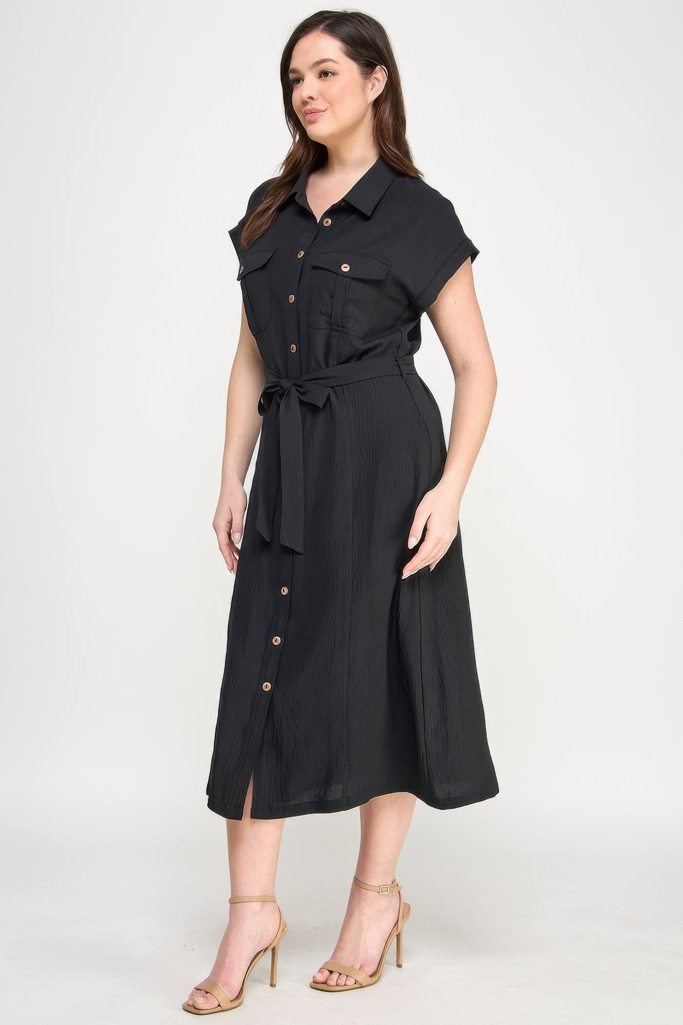 Button Front Tie Waist Midi Dress -