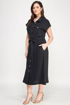 Button Front Tie Waist Midi Dress -