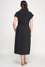 Button Front Tie Waist Midi Dress -