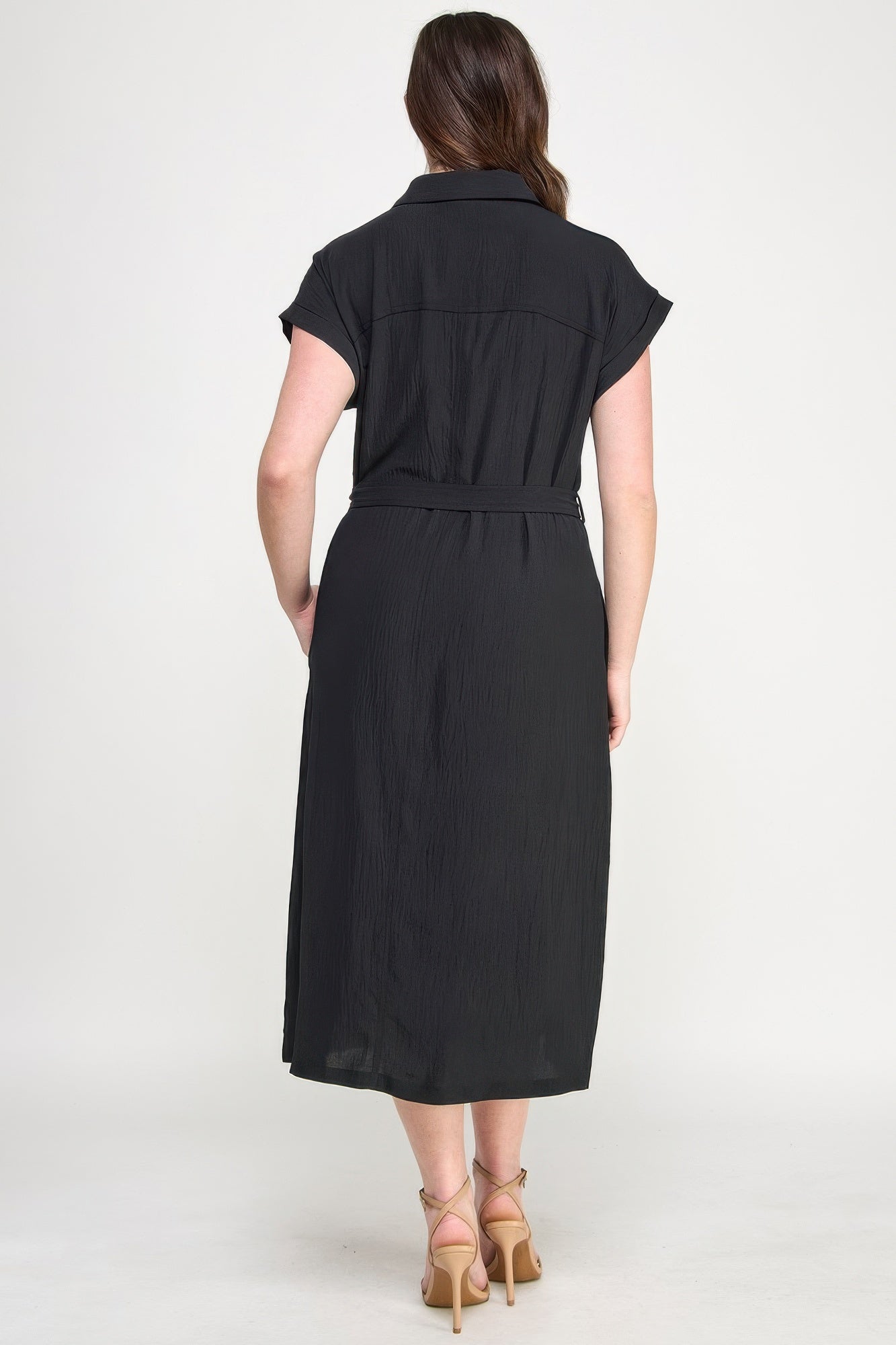 Button Front Tie Waist Midi Dress -