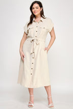 Button Front Tie Waist Midi Dress -