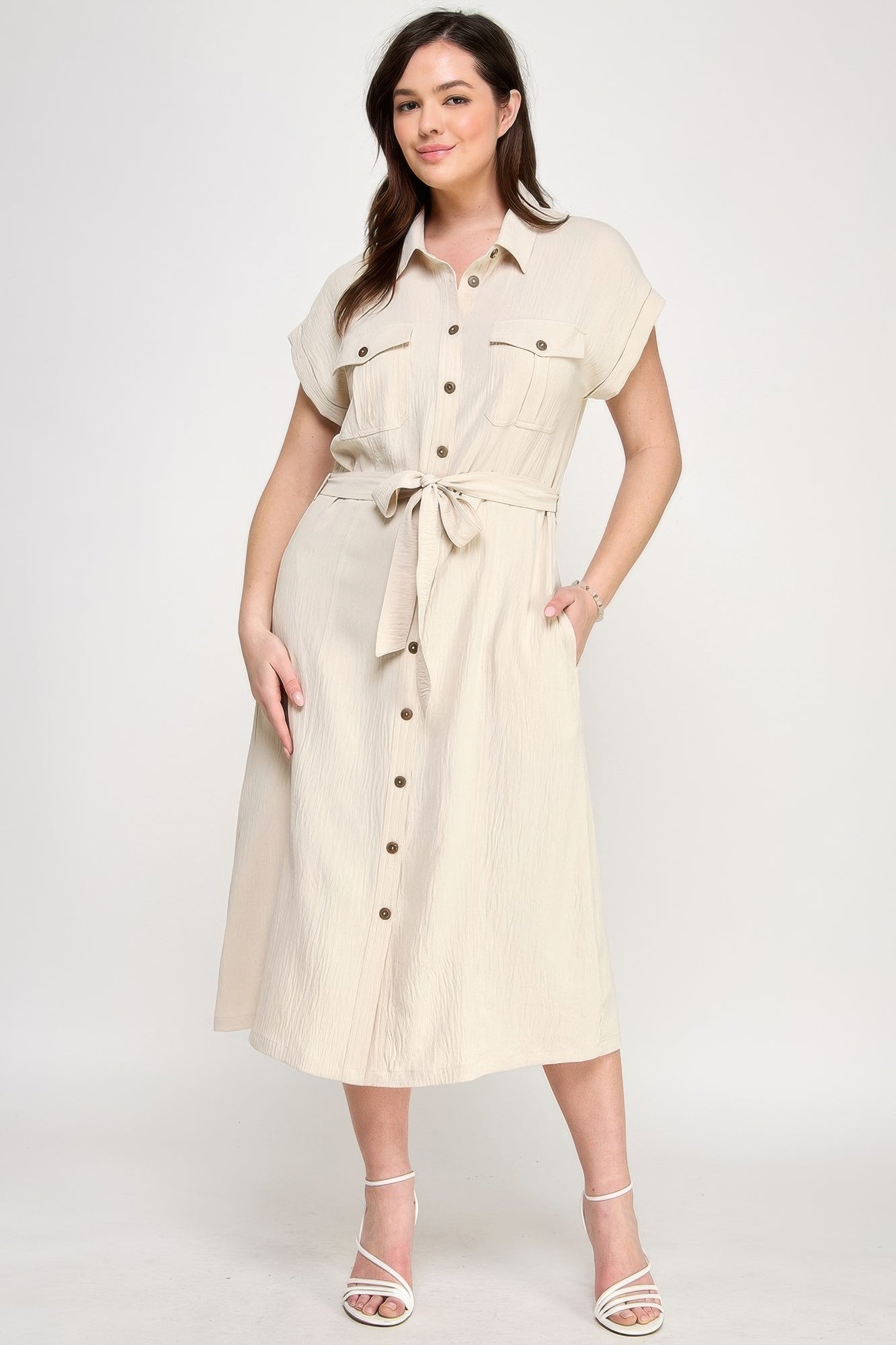 Button Front Tie Waist Midi Dress -