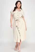Button Front Tie Waist Midi Dress -