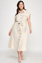 Button Front Tie Waist Midi Dress -