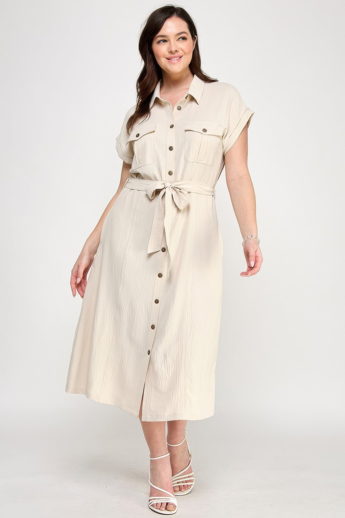 Button Front Tie Waist Midi Dress -