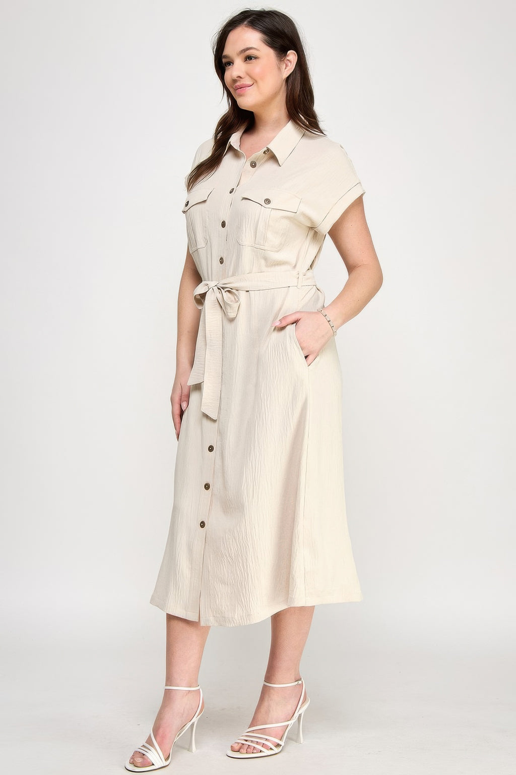 Button Front Tie Waist Midi Dress -