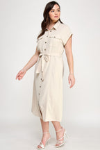 Button Front Tie Waist Midi Dress -