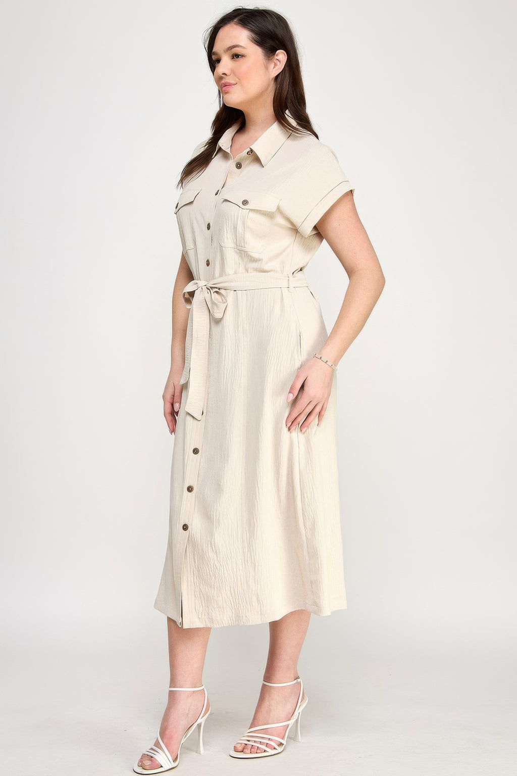 Button Front Tie Waist Midi Dress -