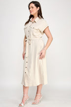 Button Front Tie Waist Midi Dress -