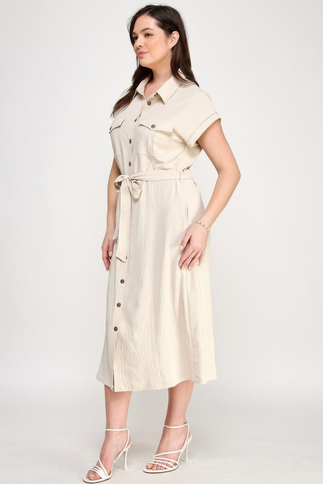 Button Front Tie Waist Midi Dress -