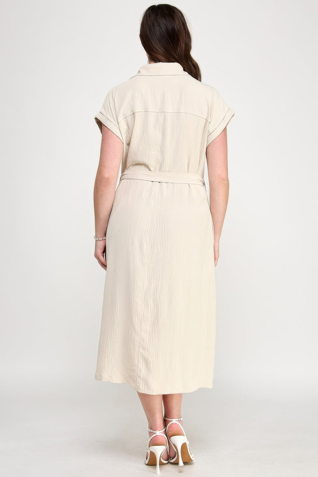 Button Front Tie Waist Midi Dress -