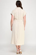 Button Front Tie Waist Midi Dress -