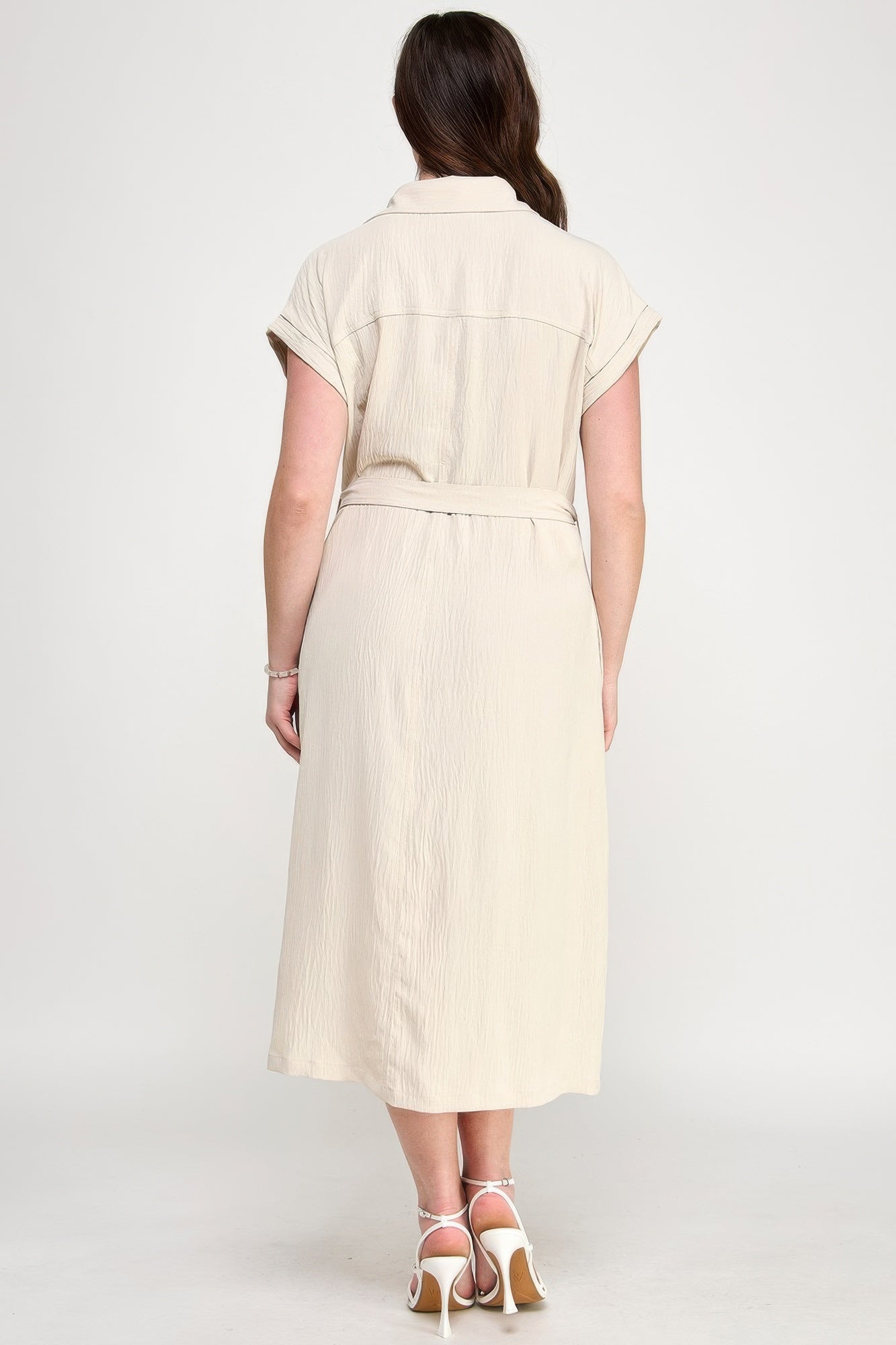 Button Front Tie Waist Midi Dress -