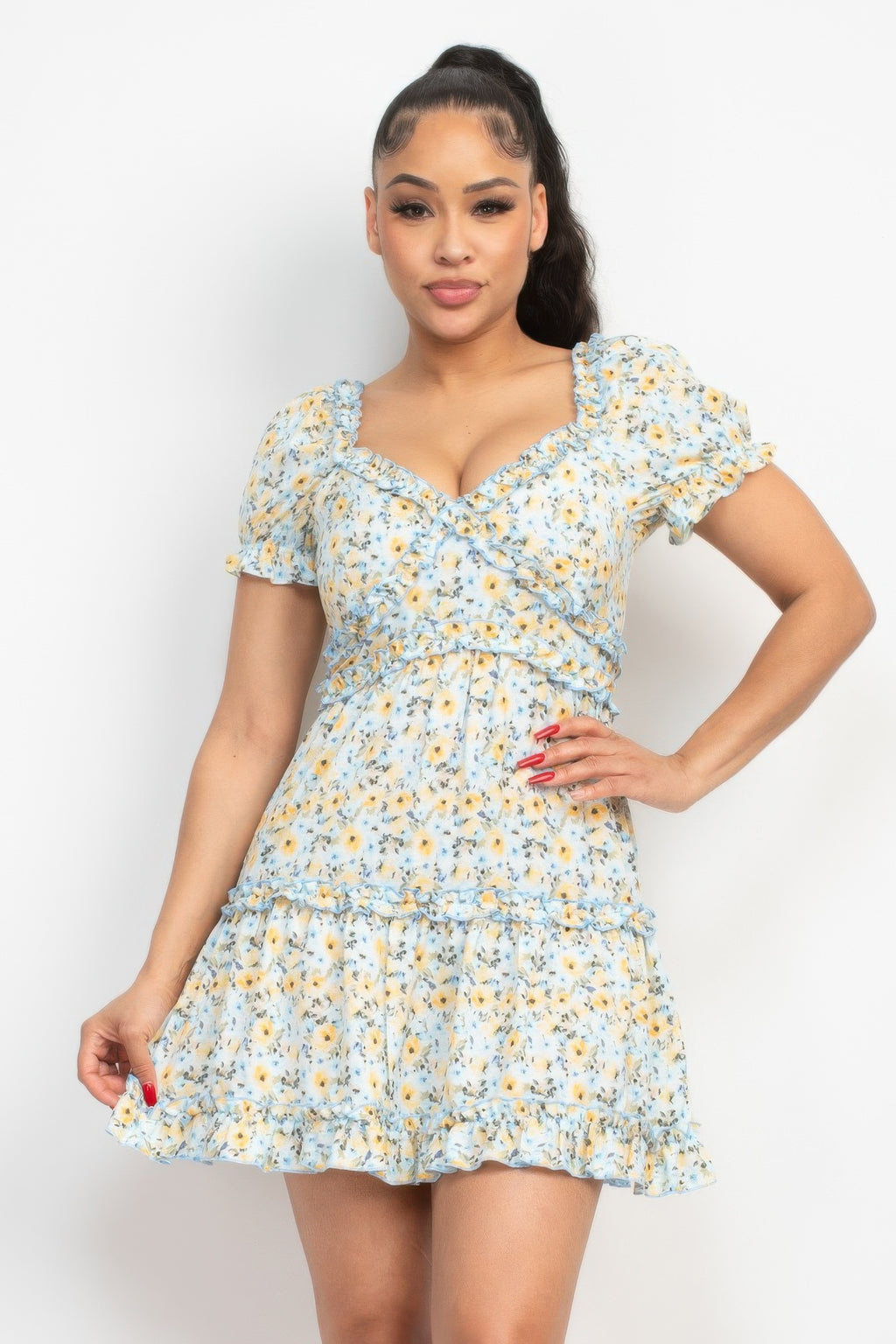 Floral Puff Sleeve Mini Dress - Blue