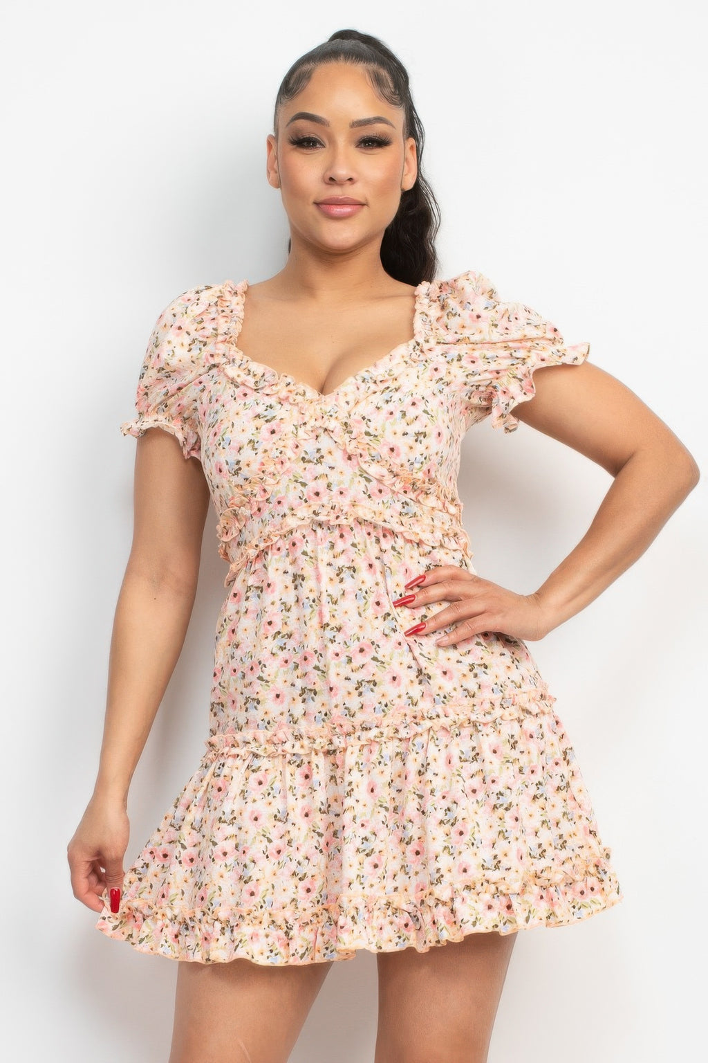 Floral Puff Sleeve Mini Dress - Pink
