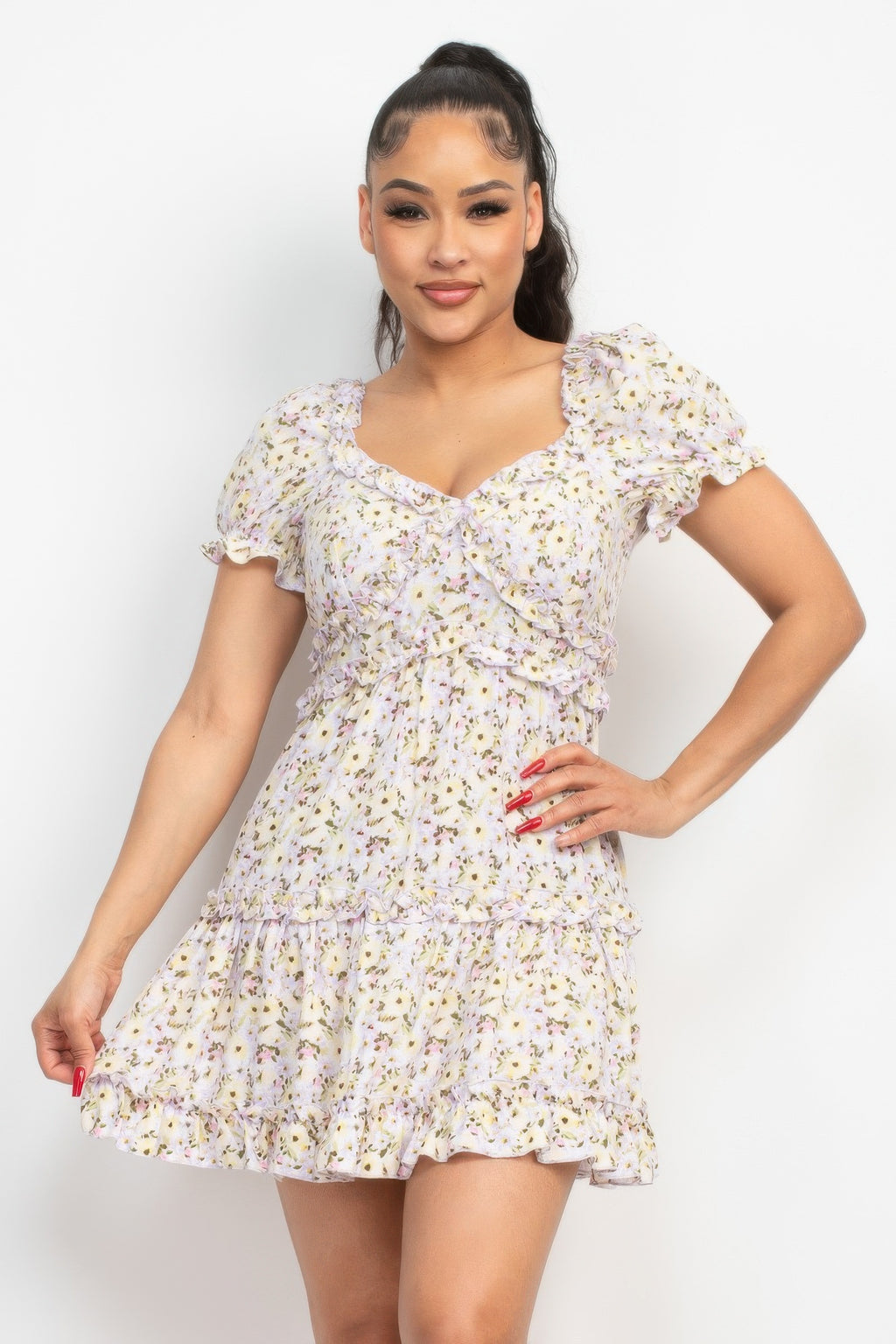Floral Puff Sleeve Mini Dress - Lavender