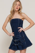 Strapless Pleated Denim Mini Dress -