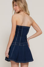 Strapless Pleated Denim Mini Dress -