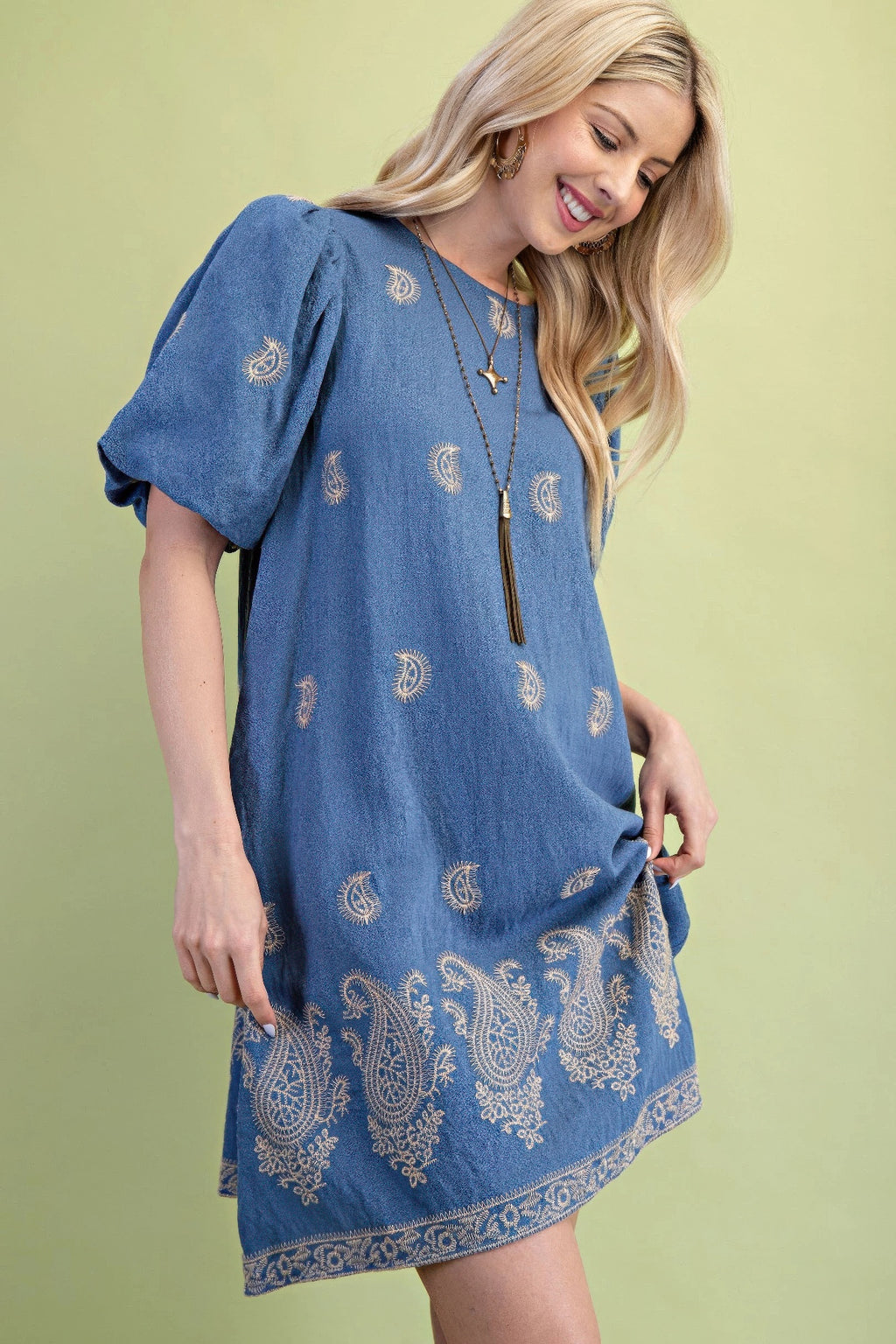 Paisley Embroidered Puff Sleeve Dress -
